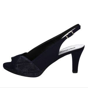 Melluso Satin Open-Toe Heels Slingback Metallic Black Kitten Low Heel Shoes New